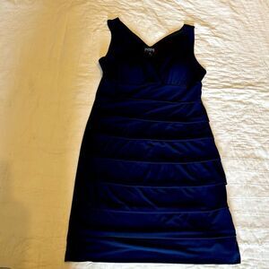 En Focus size 12 blu midi dress tiered ruffles up front v neck Bodycon EUC